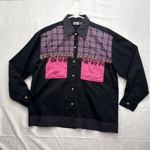 Vintage 90s PTNY ARTSY Plaid Polka Dot Button Up Blouse Beaded Patchwork Shirt M